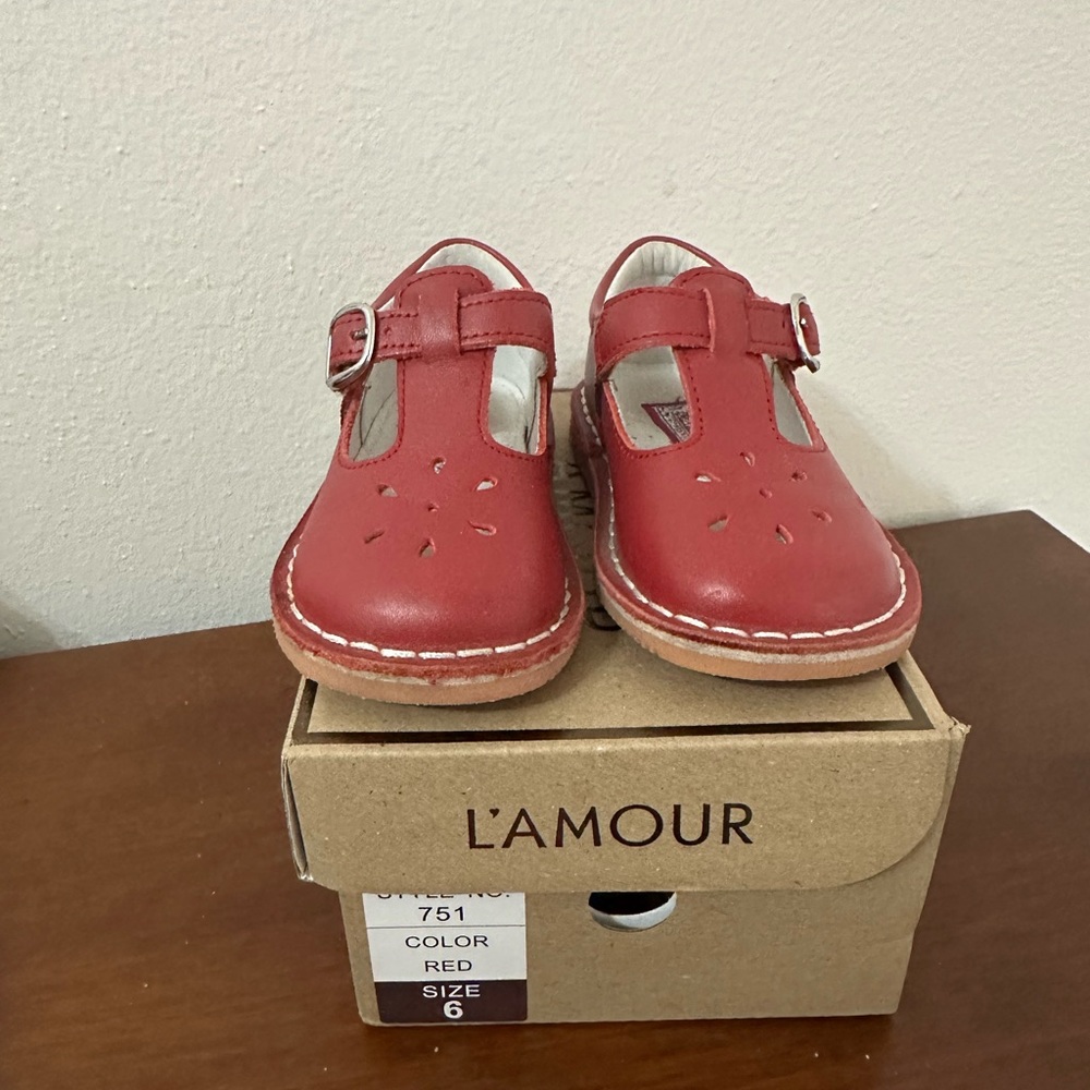 L'Amour Red Leather T-Strap Mary Jane Kids Shoes